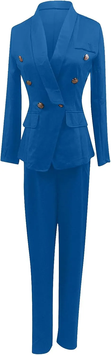 Women's Blazer Suits Two Piece Business Casual Sets Lapel V Neck Suit Coat with Fitted Pants for Work
