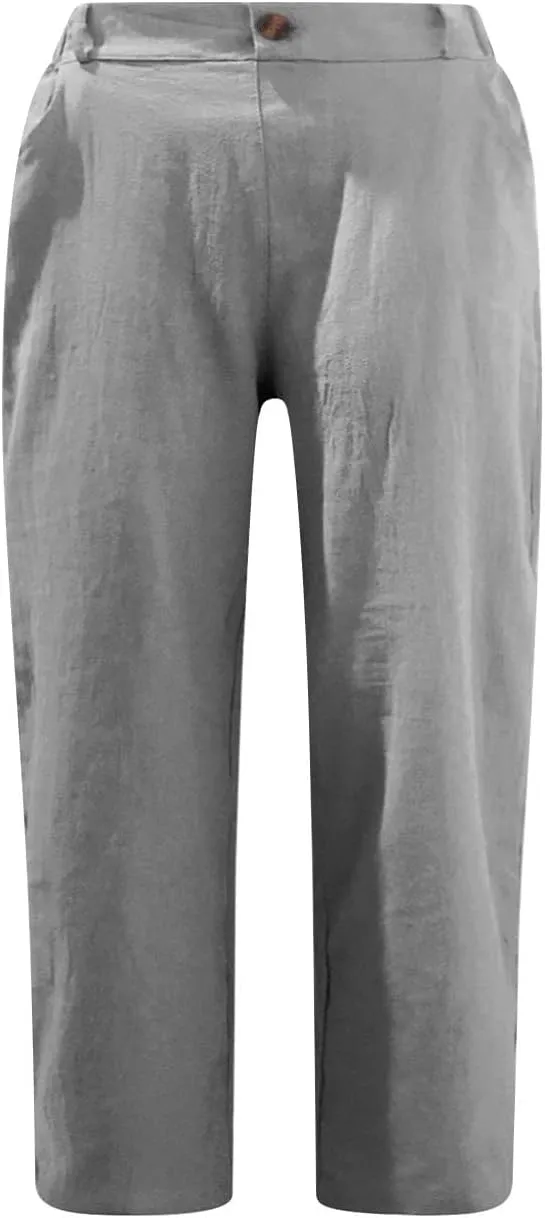 Womens Capris Pants 2025 Summer Cotton Linen Pants Casual Solid Color Elastic Waist Cargo Pants Straight Pants with Pockets