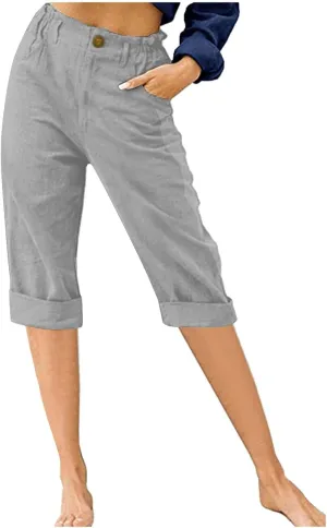 Womens Capris Pants 2025 Summer Cotton Linen Pants Casual Solid Color Elastic Waist Cargo Pants Straight Pants with Pockets