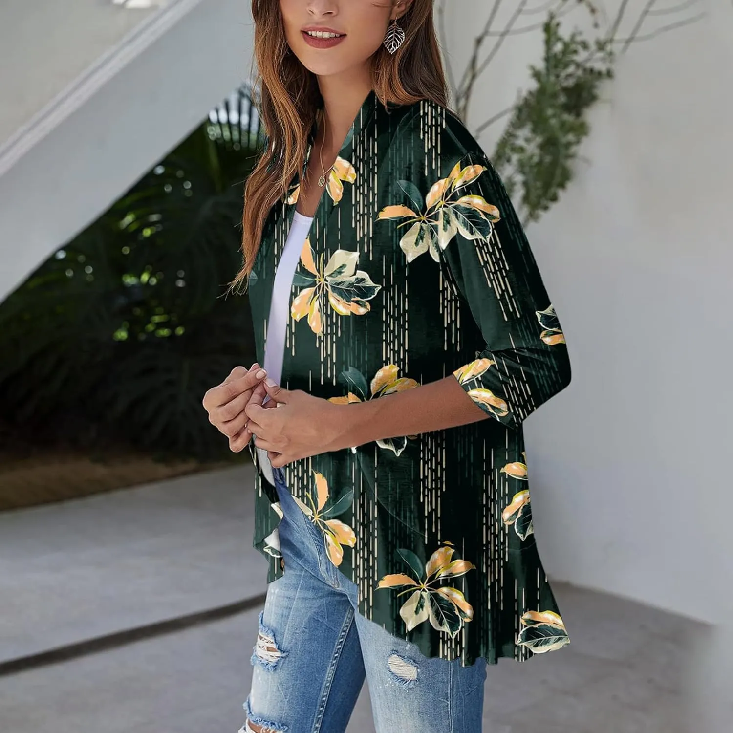 Women's Cardigans 2024 Fall Tie Dye Funny Tops Loose Fit Shawl Collar T Shirts 3/4 Sleeve Lightweight Blouse Coat