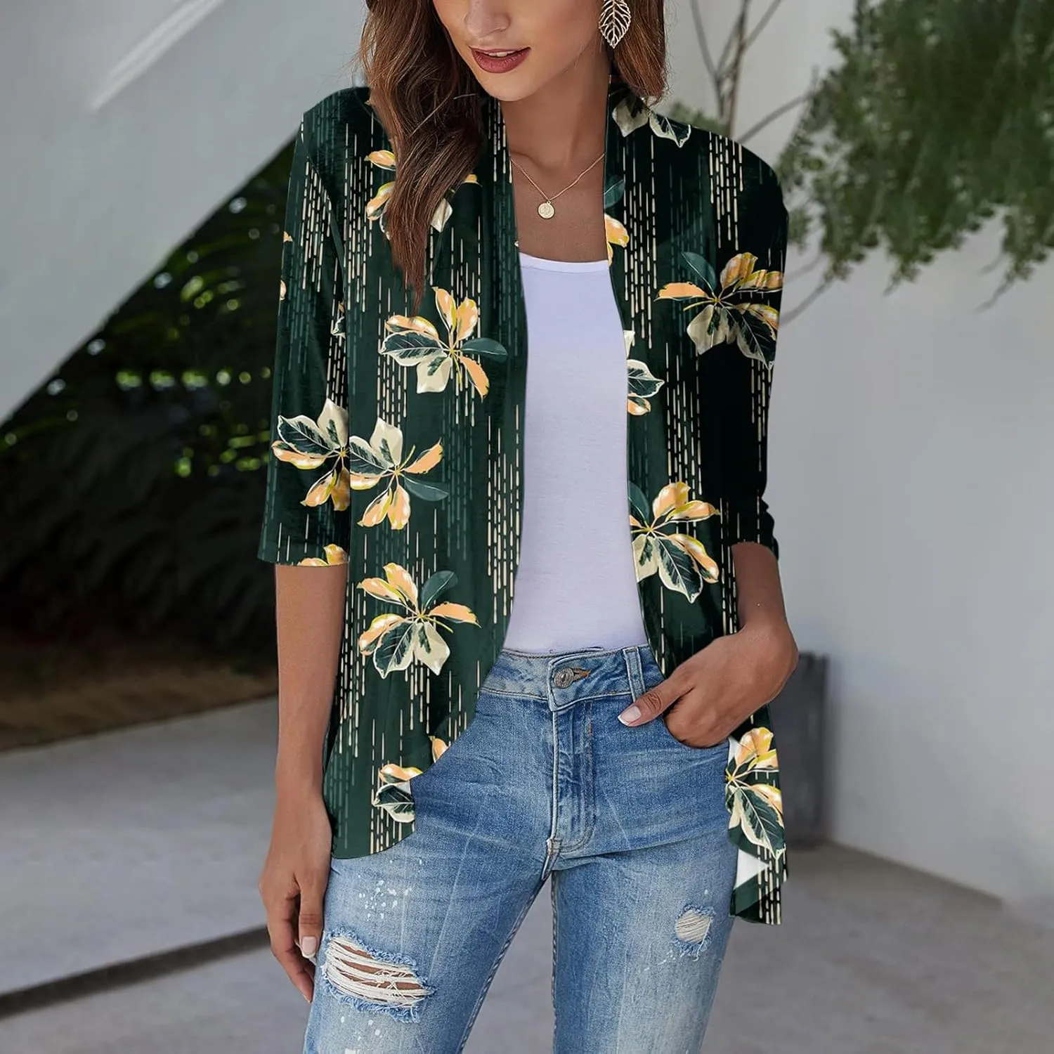 Women's Cardigans 2024 Fall Tie Dye Funny Tops Loose Fit Shawl Collar T Shirts 3/4 Sleeve Lightweight Blouse Coat