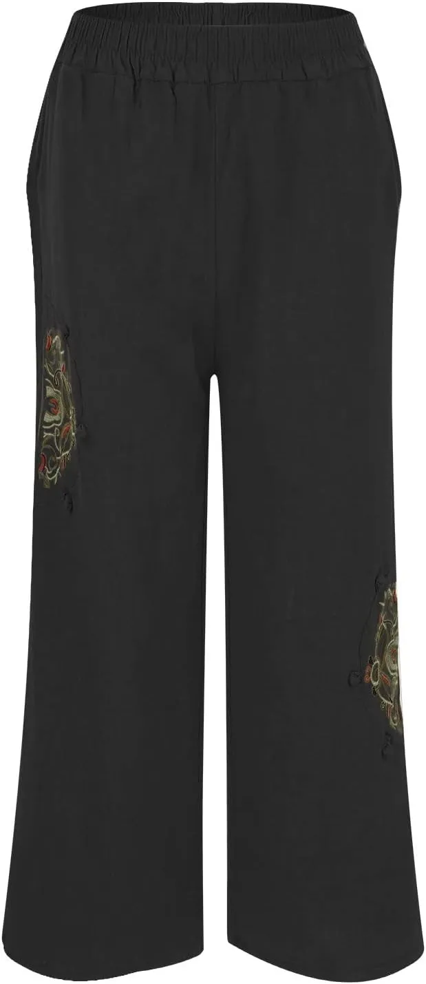Women's Casual Floral Embroidered Cropped Pants Trendy Lightweight Elastic High Waist Solid Straight Wide Leg Baggy Trousers