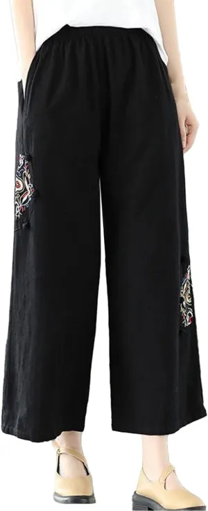 Women's Casual Floral Embroidered Cropped Pants Trendy Lightweight Elastic High Waist Solid Straight Wide Leg Baggy Trousers