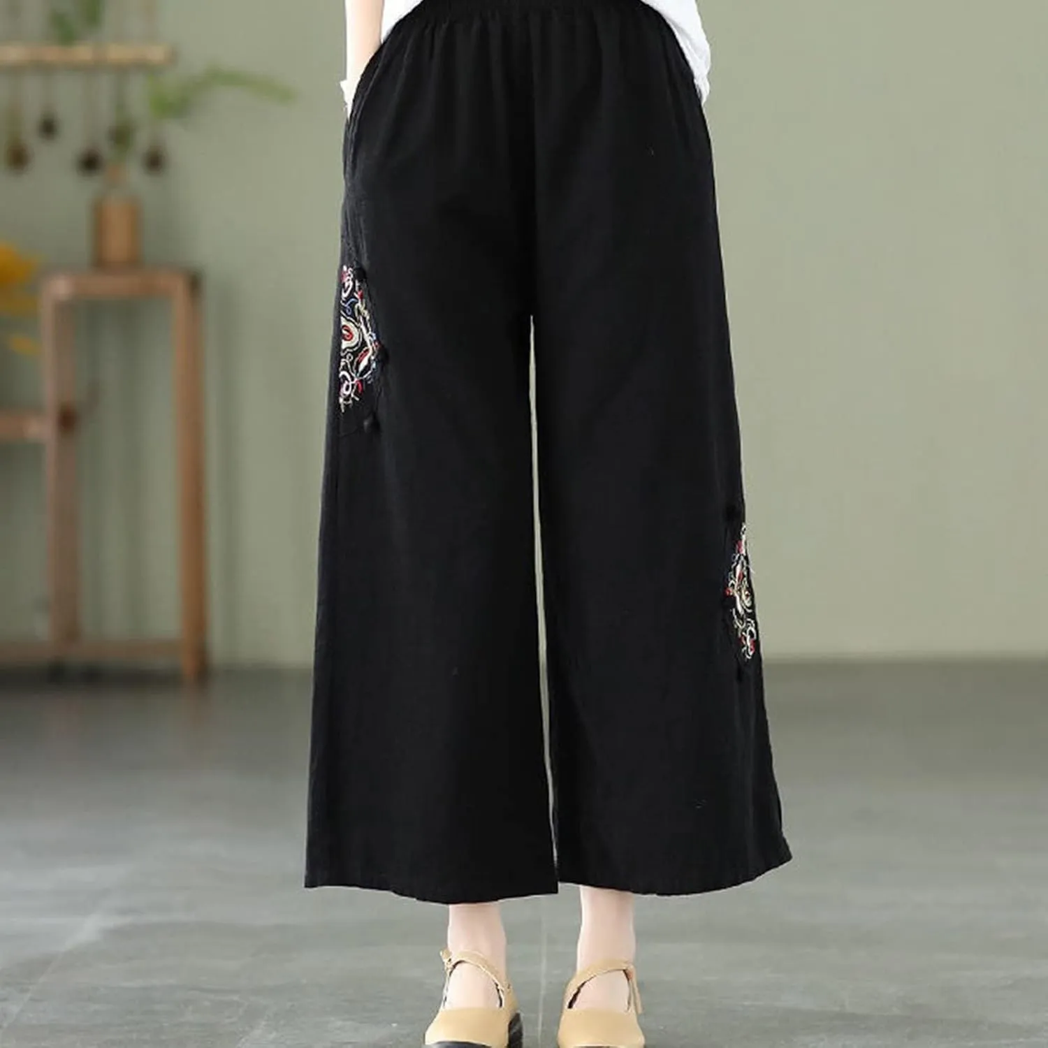 Women's Casual Floral Embroidered Cropped Pants Trendy Lightweight Elastic High Waist Solid Straight Wide Leg Baggy Trousers