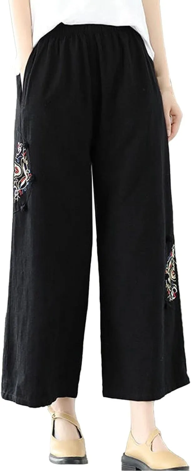 Women's Casual Floral Embroidered Cropped Pants Trendy Lightweight Elastic High Waist Solid Straight Wide Leg Baggy Trousers