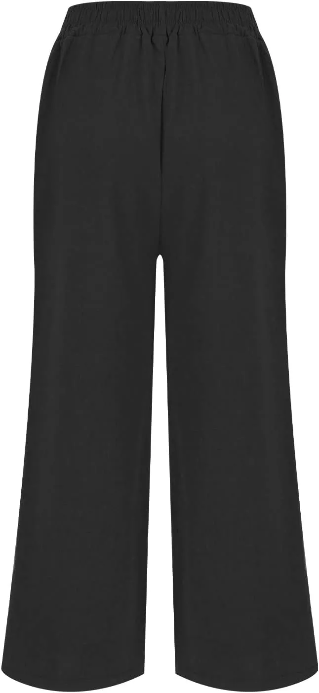 Women's Casual Floral Embroidered Cropped Pants Trendy Lightweight Elastic High Waist Solid Straight Wide Leg Baggy Trousers