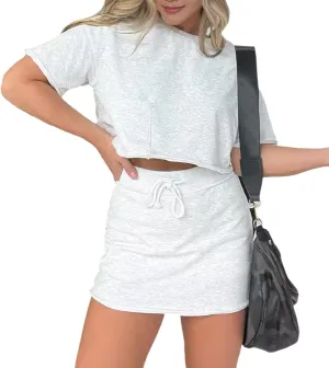 Womens Casual Summer 2 Piece Short Skirt Sets Short Sleeve Cropped Shirts and Tennis Skorts Travel Outfits