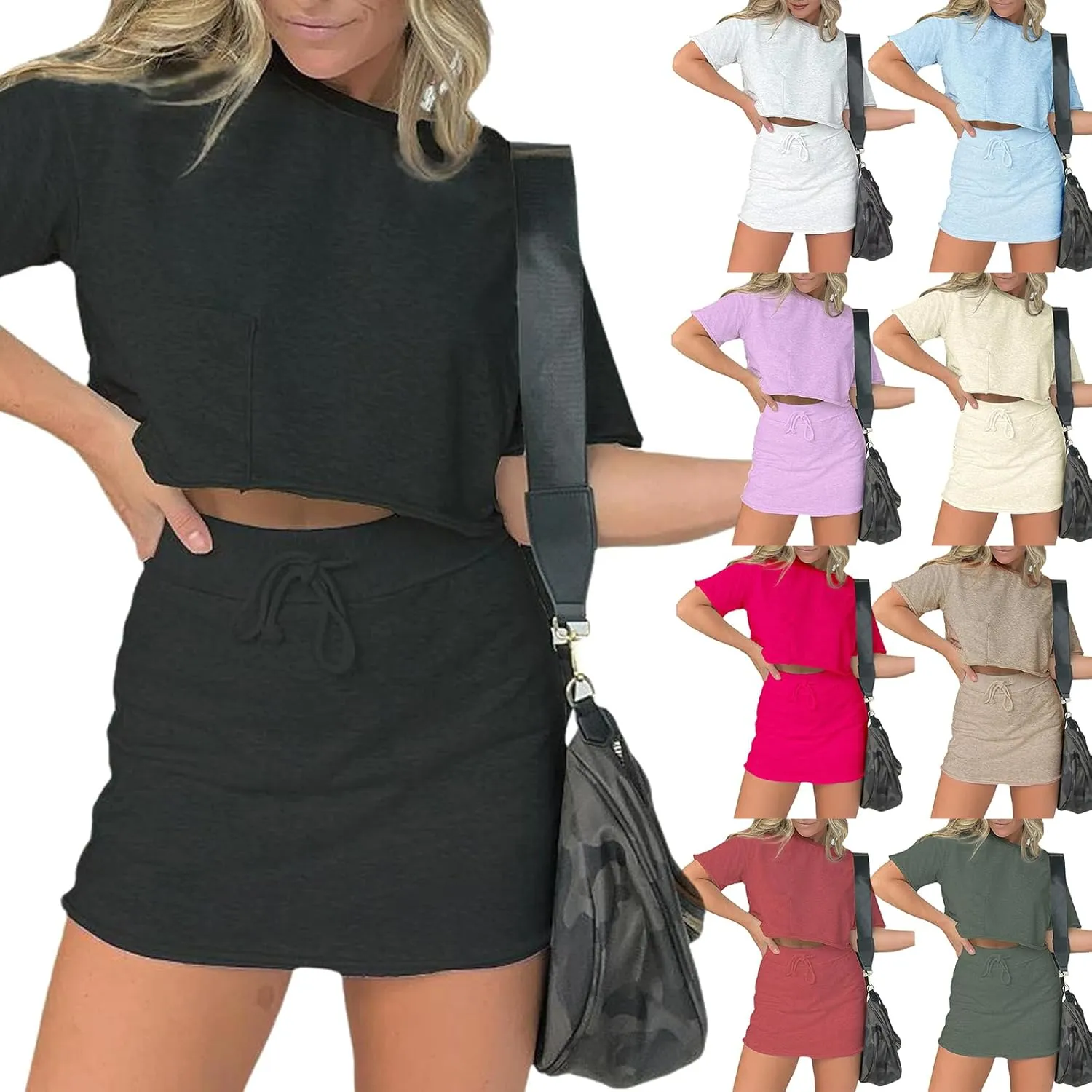 Womens Casual Summer 2 Piece Short Skirt Sets Short Sleeve Cropped Shirts and Tennis Skorts Travel Outfits