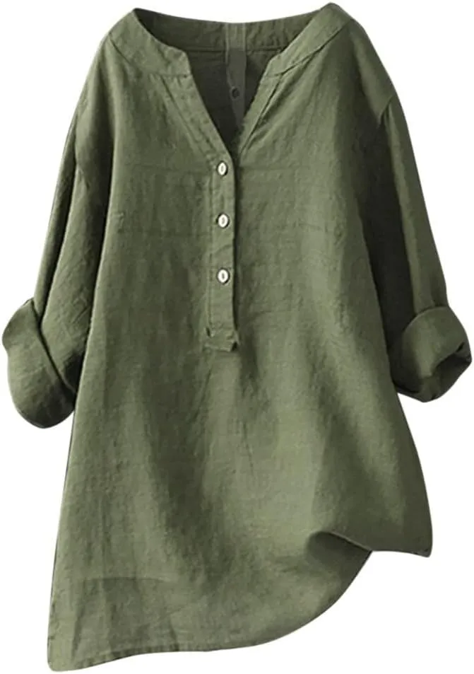 Womens Cotton Linen Shirts Solid Color 3/4 Sleeve Tunic Tops Oversized Tshirts for Women Casual V Neck Dressy Blouses