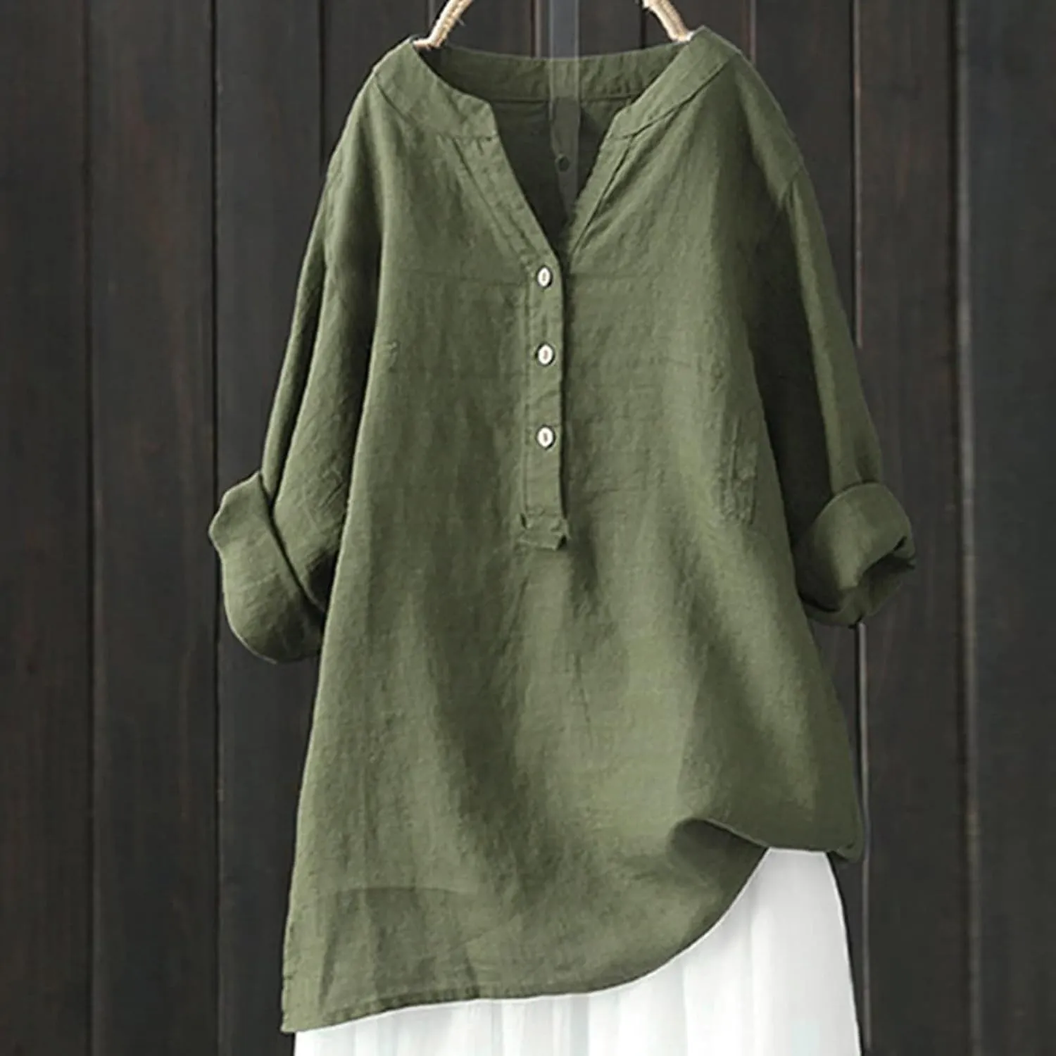 Womens Cotton Linen Shirts Solid Color 3/4 Sleeve Tunic Tops Oversized Tshirts for Women Casual V Neck Dressy Blouses