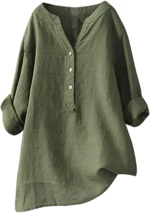 Womens Cotton Linen Shirts Solid Color 3/4 Sleeve Tunic Tops Oversized Tshirts for Women Casual V Neck Dressy Blouses