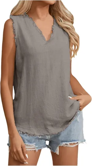 Women's Cotton Linen Tank Tops Summer Sleeveless Ruffled V Neck Raw Edge Hem Shirts Solid Color Loose Camisoles