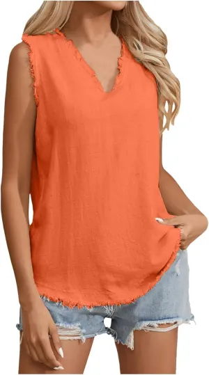 Women's Cotton Linen Tank Tops Summer Sleeveless Ruffled V Neck Raw Edge Hem Shirts Solid Color Loose Camisoles