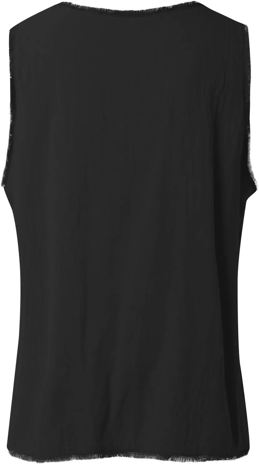 Women's Cotton Linen Tank Tops Summer Sleeveless Ruffled V Neck Raw Edge Hem Shirts Solid Color Loose Camisoles