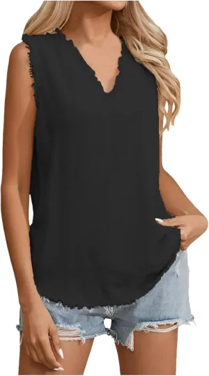 Women's Cotton Linen Tank Tops Summer Sleeveless Ruffled V Neck Raw Edge Hem Shirts Solid Color Loose Camisoles