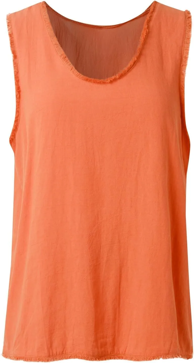 Women's Cotton Linen Tank Tops Summer Sleeveless Ruffled V Neck Raw Edge Hem Shirts Solid Color Loose Camisoles