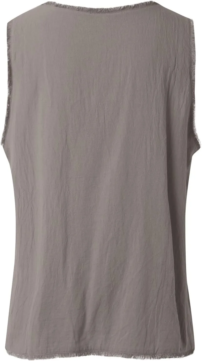 Women's Cotton Linen Tank Tops Summer Sleeveless Ruffled V Neck Raw Edge Hem Shirts Solid Color Loose Camisoles