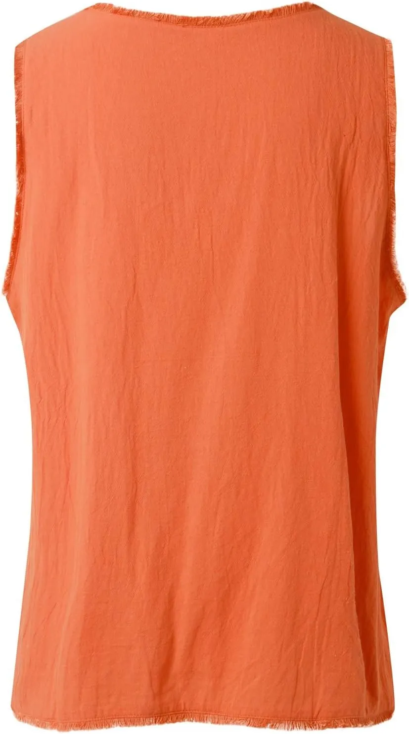 Women's Cotton Linen Tank Tops Summer Sleeveless Ruffled V Neck Raw Edge Hem Shirts Solid Color Loose Camisoles