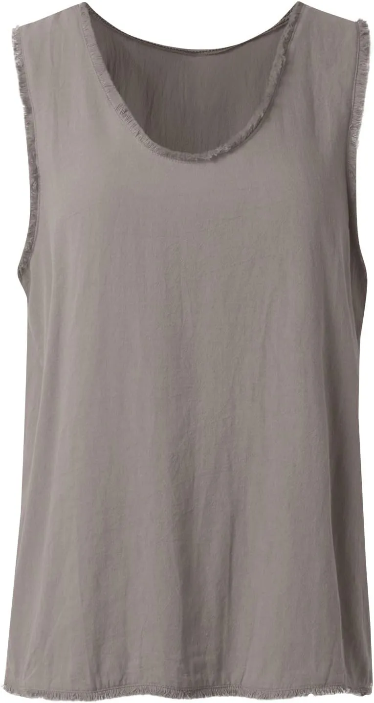 Women's Cotton Linen Tank Tops Summer Sleeveless Ruffled V Neck Raw Edge Hem Shirts Solid Color Loose Camisoles