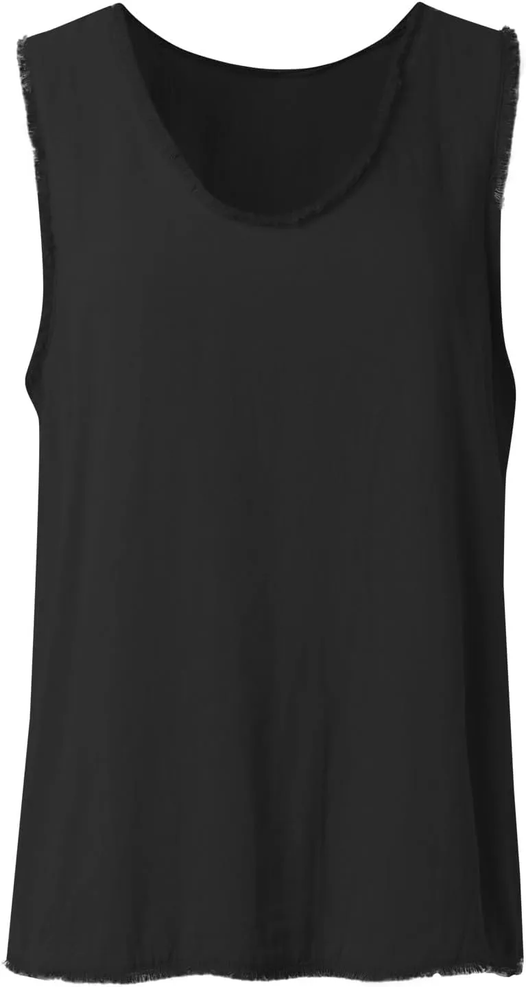 Women's Cotton Linen Tank Tops Summer Sleeveless Ruffled V Neck Raw Edge Hem Shirts Solid Color Loose Camisoles