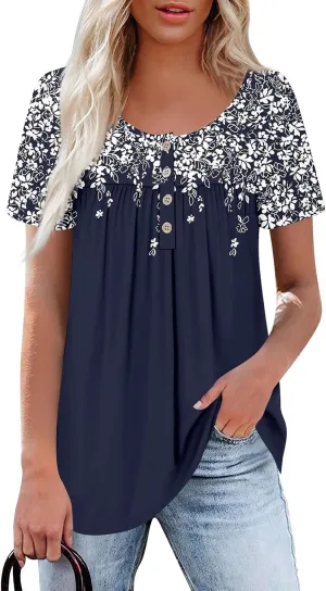 Womens Crewneck Short Sleeve Tops 2025 Boho Floral Prints Trendy Tshirts Business Casual Basic Tee Loose Blouse
