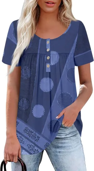 Womens Crewneck Short Sleeve Tops 2025 Boho Floral Prints Trendy Tshirts Business Casual Basic Tee Loose Blouse