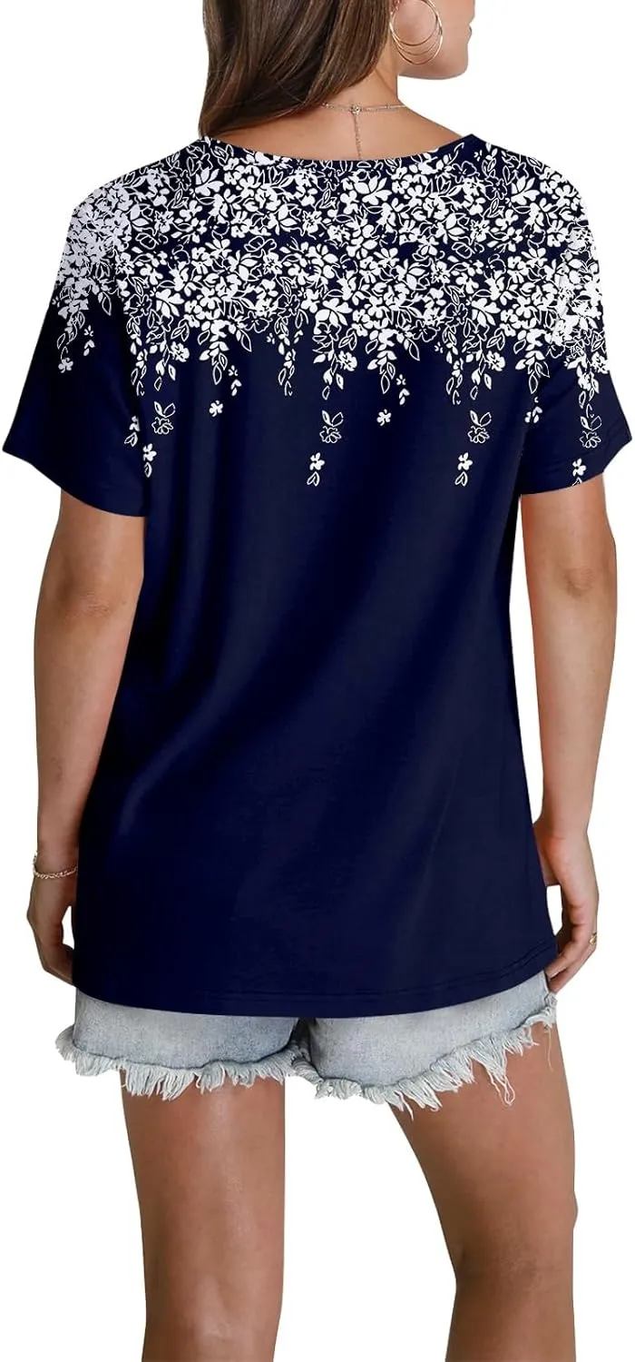 Womens Crewneck Short Sleeve Tops 2025 Boho Floral Prints Trendy Tshirts Business Casual Basic Tee Loose Blouse