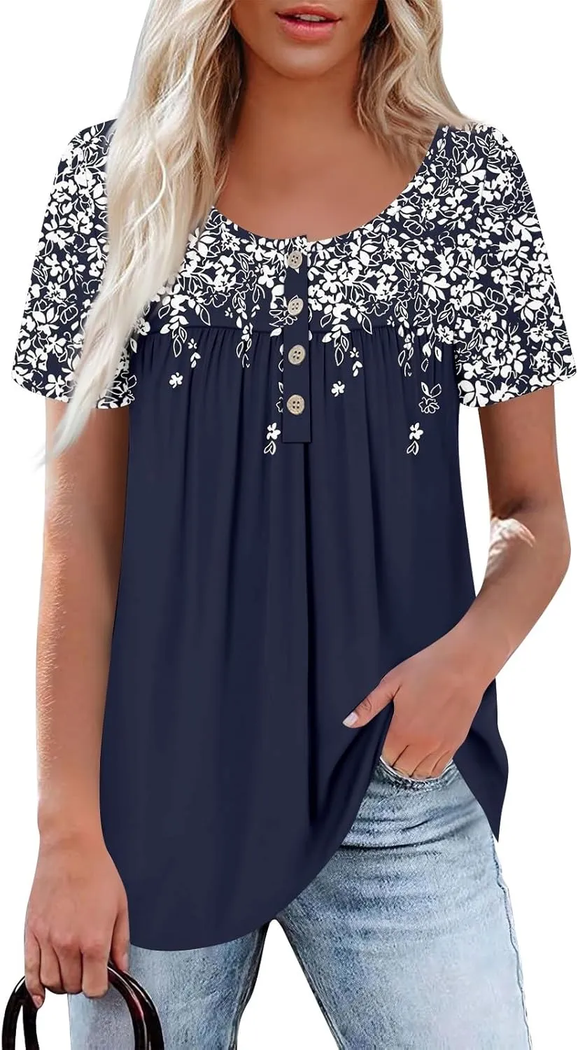 Womens Crewneck Short Sleeve Tops 2025 Boho Floral Prints Trendy Tshirts Business Casual Basic Tee Loose Blouse
