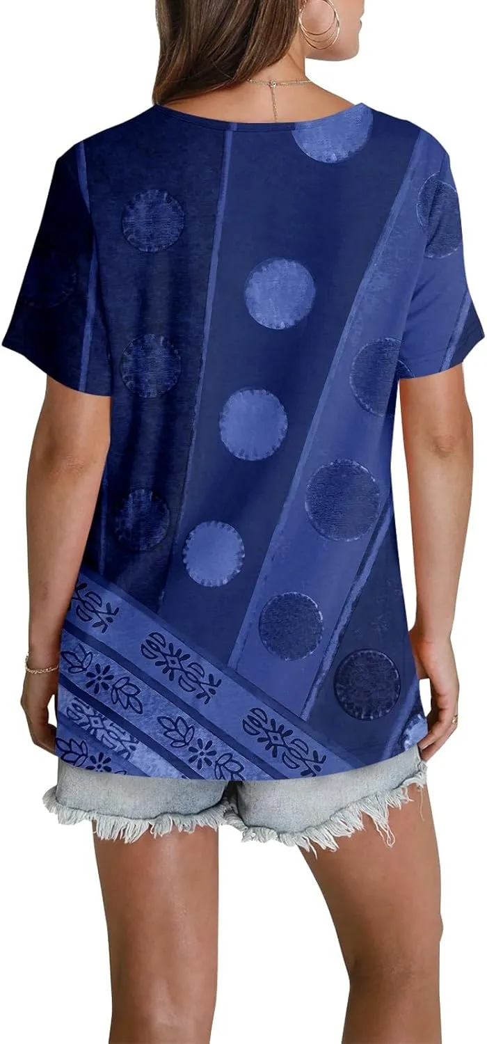 Womens Crewneck Short Sleeve Tops 2025 Boho Floral Prints Trendy Tshirts Business Casual Basic Tee Loose Blouse