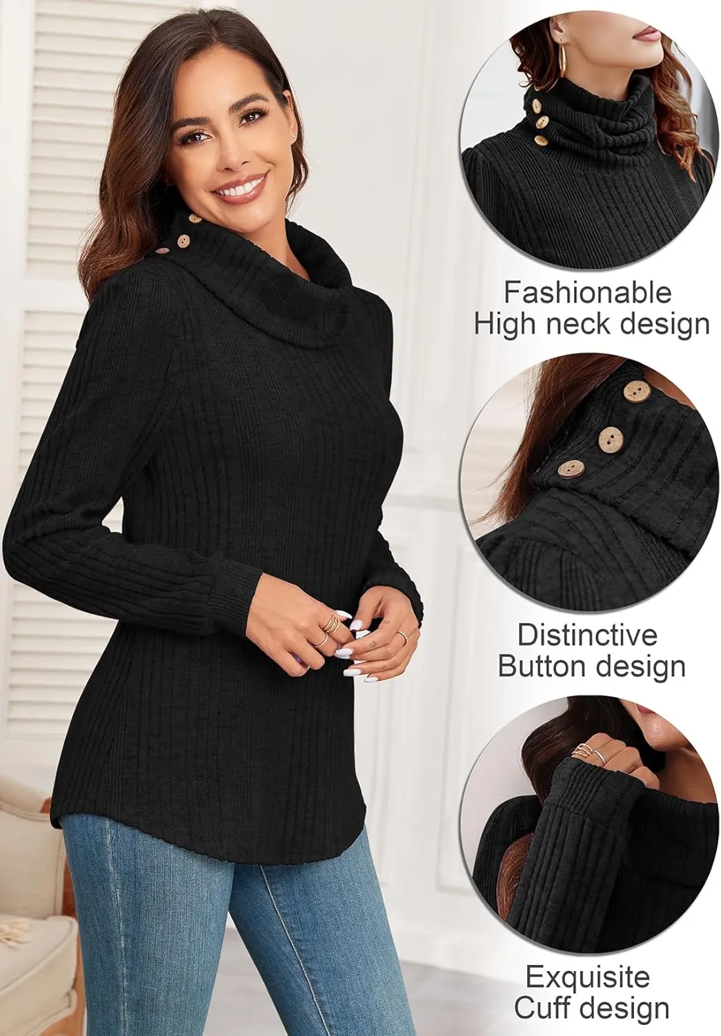 Women's Fall Sweaters 2024 Turtleneck Tunics Tops for Leggings for Women Button Casual Pullover Sweatshirts