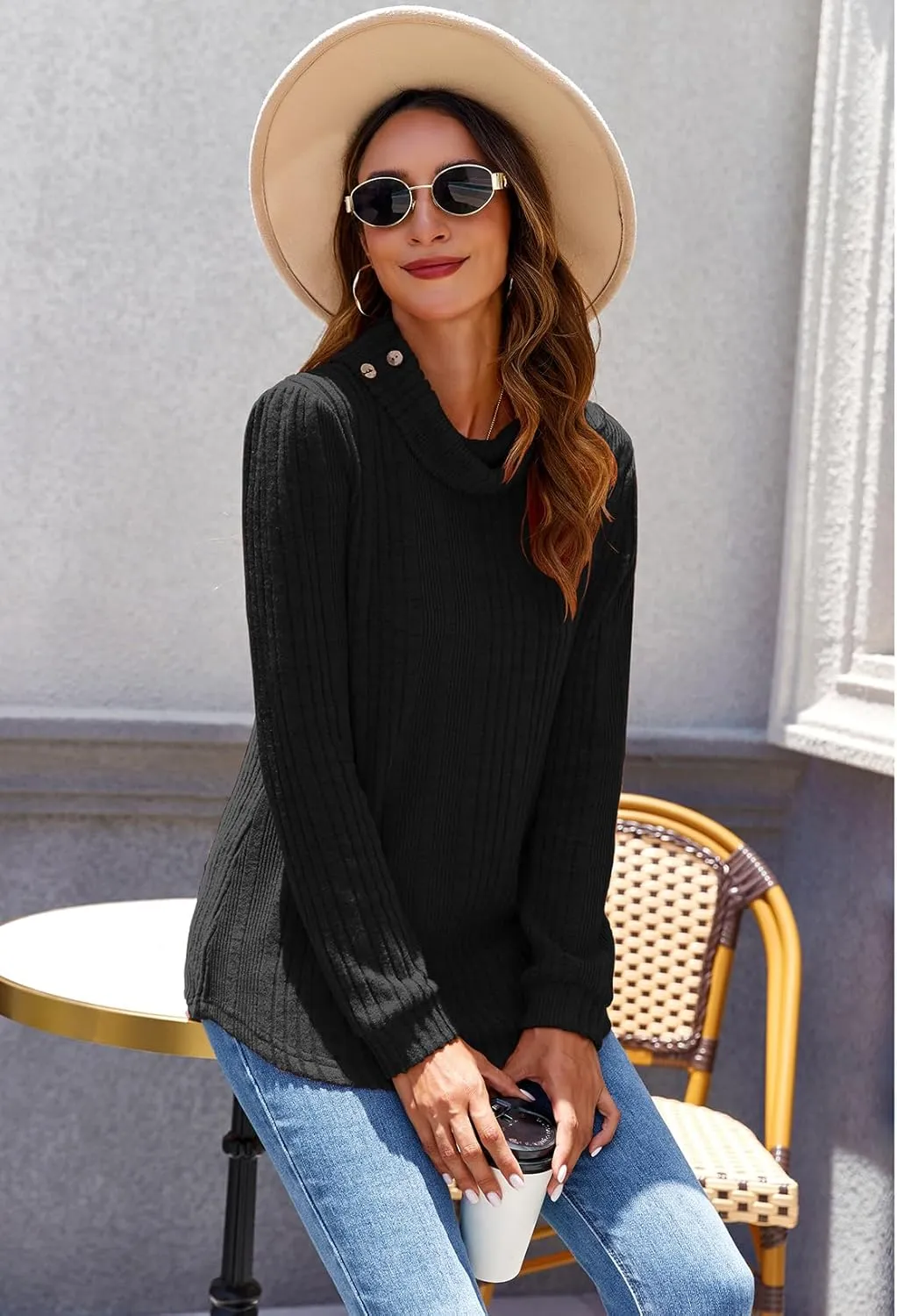 Women's Fall Sweaters 2024 Turtleneck Tunics Tops for Leggings for Women Button Casual Pullover Sweatshirts
