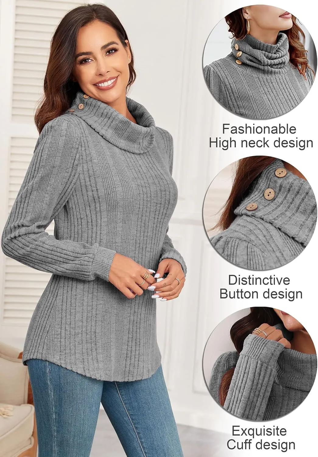 Women's Fall Sweaters 2024 Turtleneck Tunics Tops for Leggings for Women Button Casual Pullover Sweatshirts