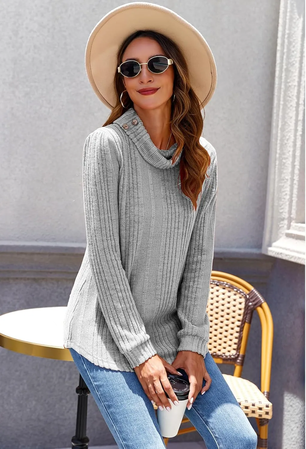 Women's Fall Sweaters 2024 Turtleneck Tunics Tops for Leggings for Women Button Casual Pullover Sweatshirts