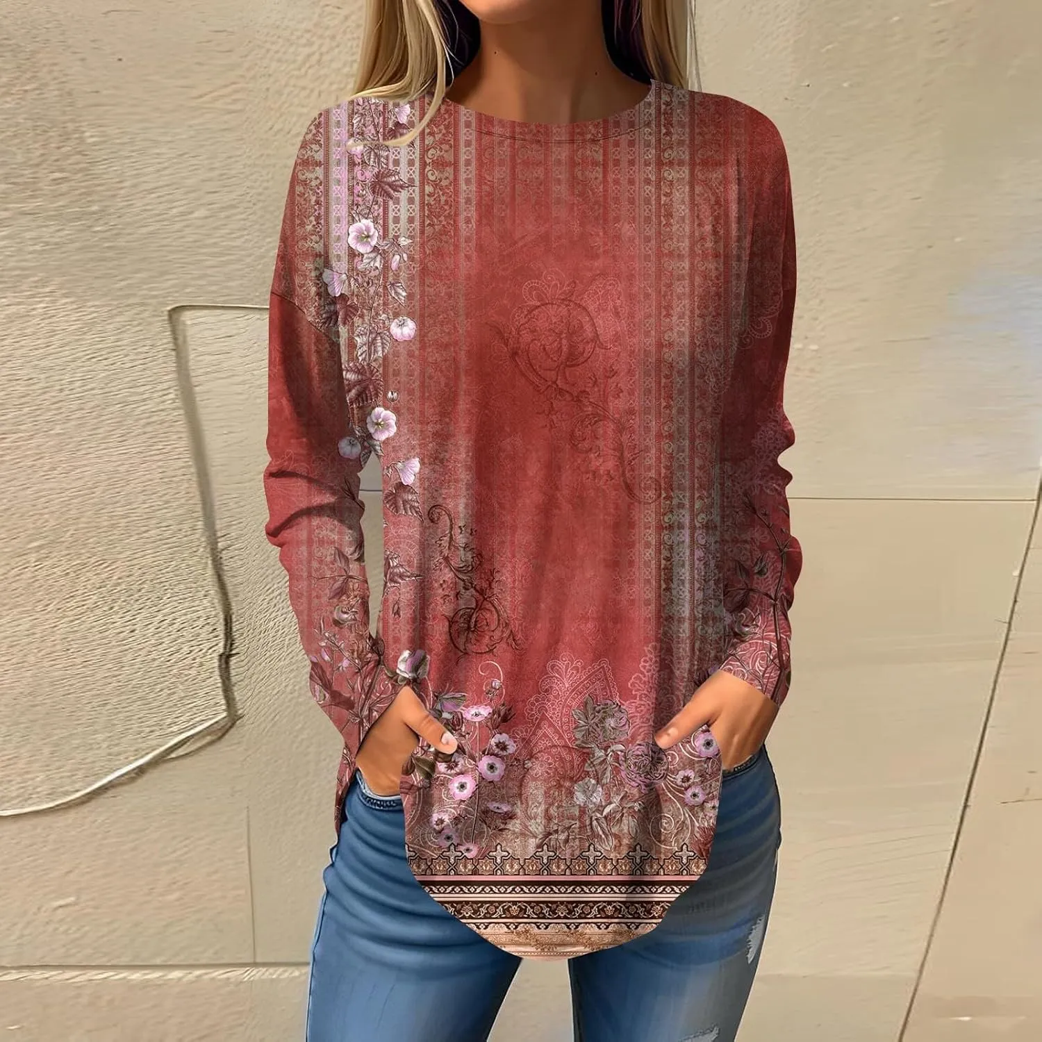 Womens Fall Tops Blouse Long Sleeve Round Neck T-Shirts Winter Ethnic Floral Tunic Tops Loose Fit Sweatshirt Trendy