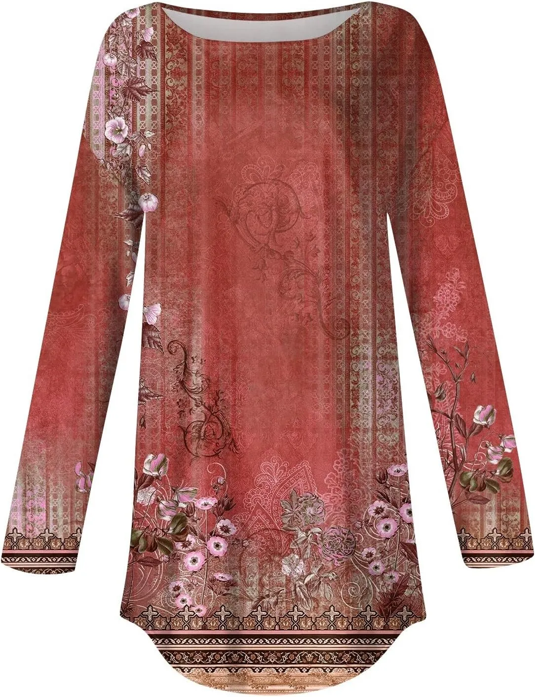 Womens Fall Tops Blouse Long Sleeve Round Neck T-Shirts Winter Ethnic Floral Tunic Tops Loose Fit Sweatshirt Trendy