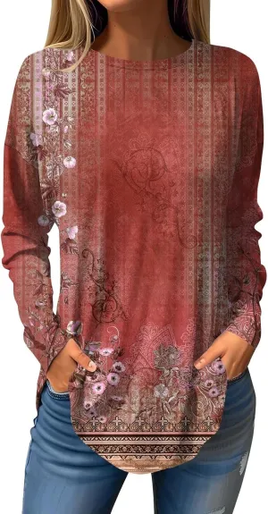 Womens Fall Tops Blouse Long Sleeve Round Neck T-Shirts Winter Ethnic Floral Tunic Tops Loose Fit Sweatshirt Trendy