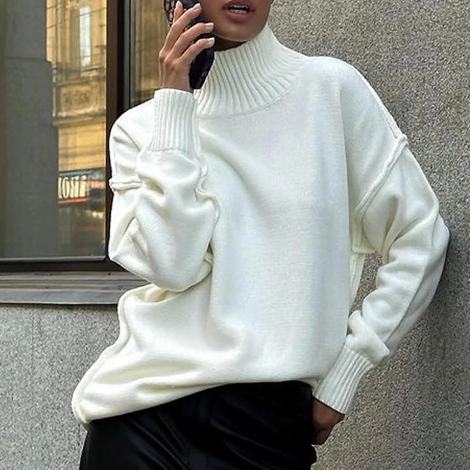 Womens High Neck Cable Knit Long Sleeve Sweaters Trendy Solid Loose Casual Oversize Turtleneck Pullovers Sweater
