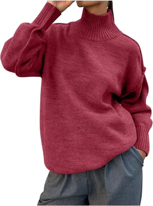 Womens High Neck Cable Knit Long Sleeve Sweaters Trendy Solid Loose Casual Oversize Turtleneck Pullovers Sweater