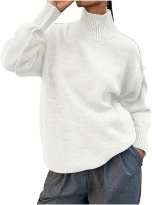 Womens High Neck Cable Knit Long Sleeve Sweaters Trendy Solid Loose Casual Oversize Turtleneck Pullovers Sweater