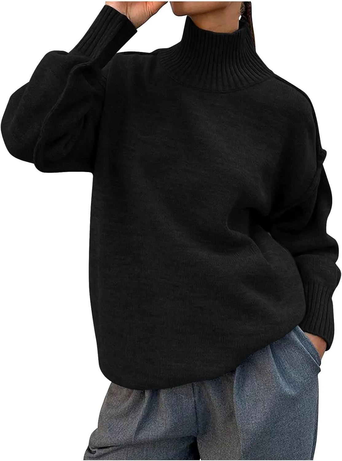 Womens High Neck Cable Knit Long Sleeve Sweaters Trendy Solid Loose Casual Oversize Turtleneck Pullovers Sweater