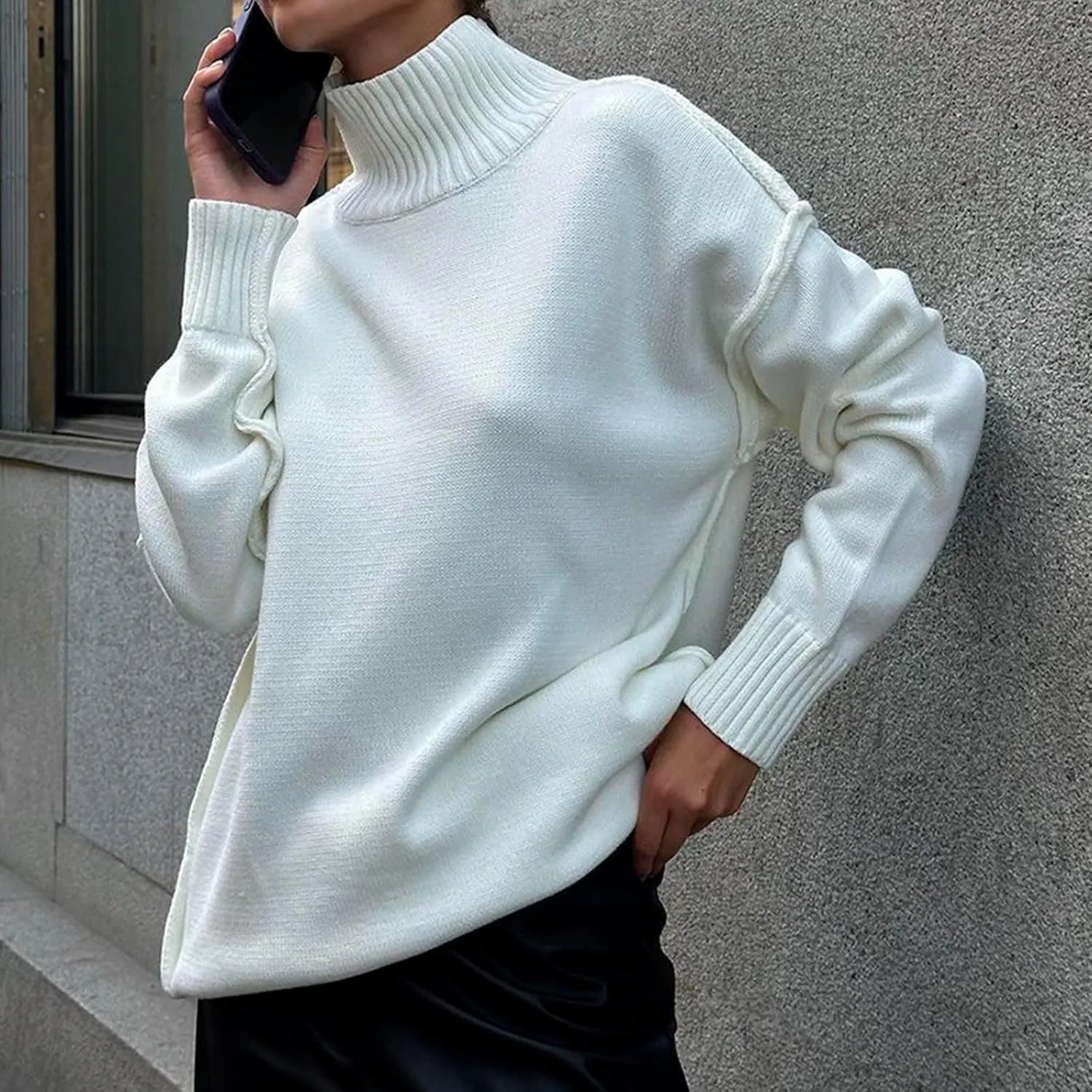 Womens High Neck Cable Knit Long Sleeve Sweaters Trendy Solid Loose Casual Oversize Turtleneck Pullovers Sweater