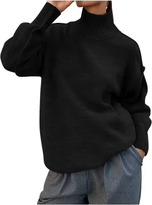Womens High Neck Cable Knit Long Sleeve Sweaters Trendy Solid Loose Casual Oversize Turtleneck Pullovers Sweater