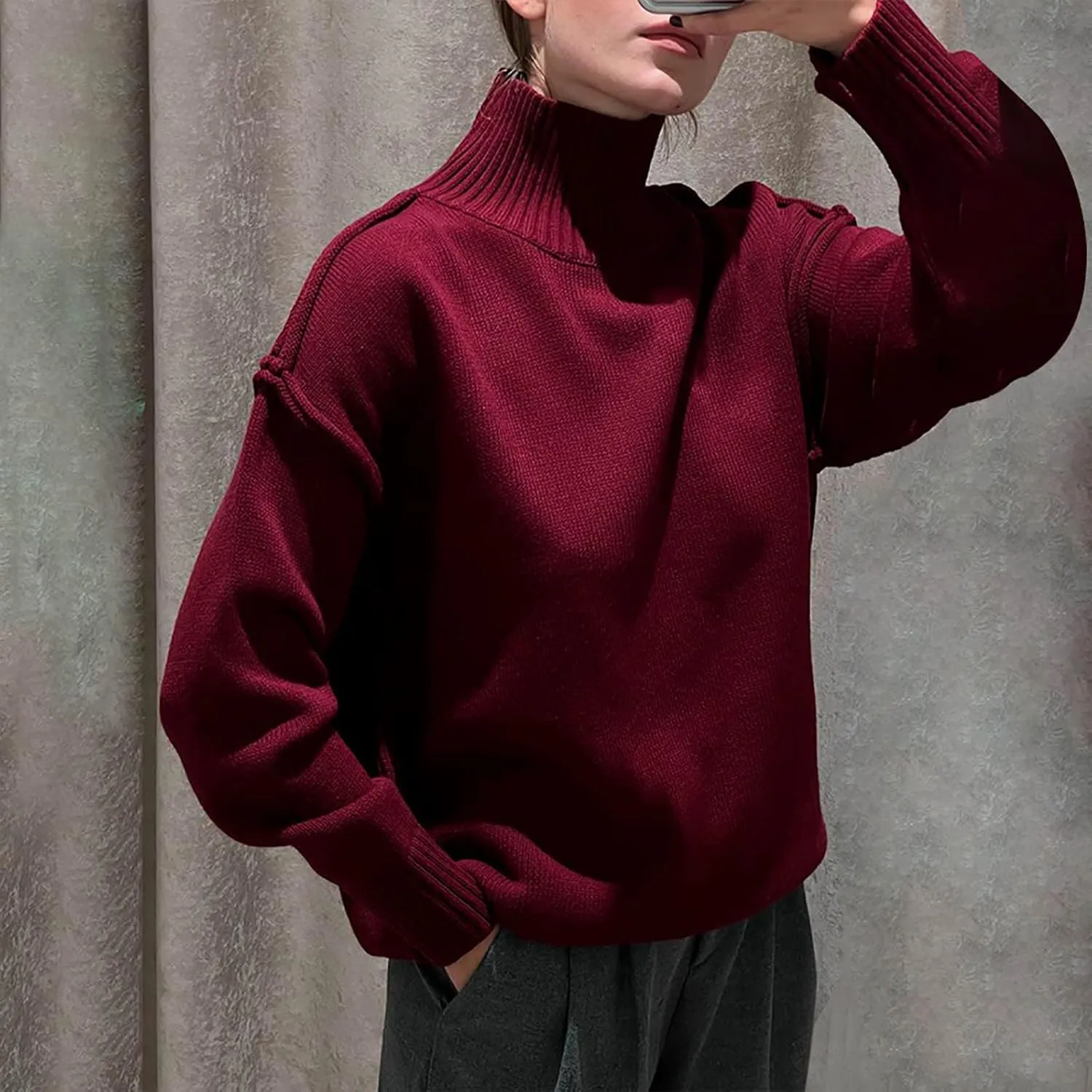 Womens High Neck Cable Knit Long Sleeve Sweaters Trendy Solid Loose Casual Oversize Turtleneck Pullovers Sweater