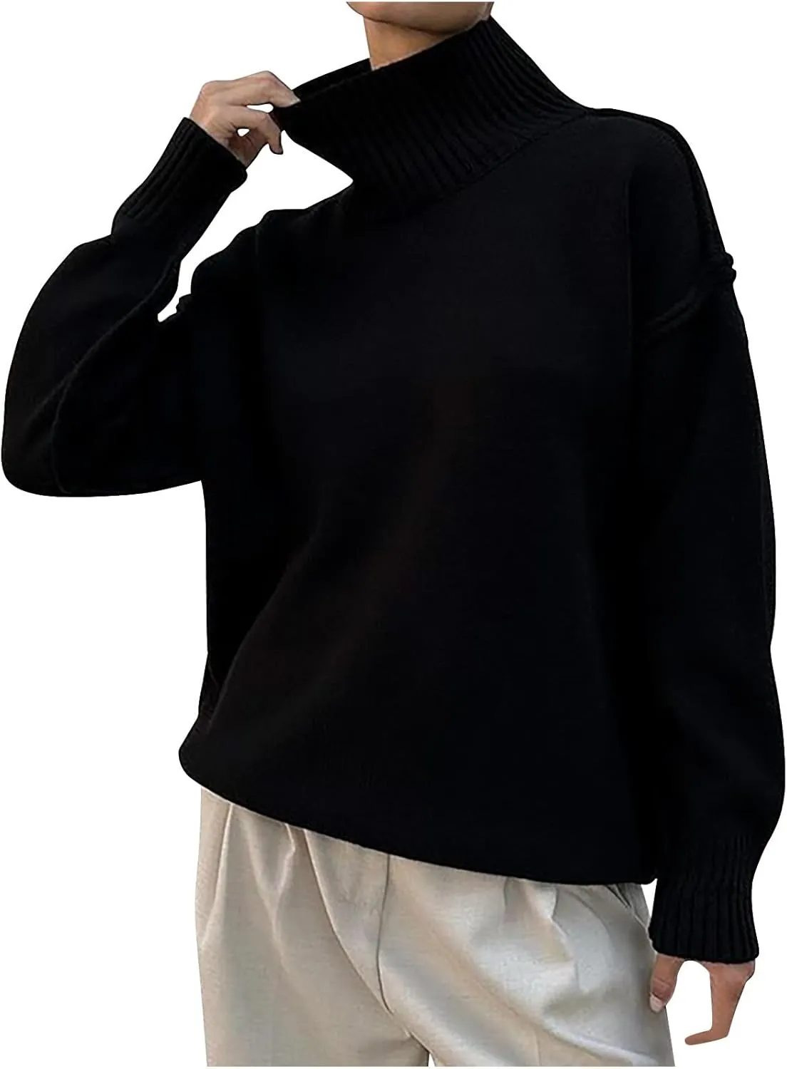 Womens High Neck Cable Knit Long Sleeve Sweaters Trendy Solid Loose Casual Oversize Turtleneck Pullovers Sweater