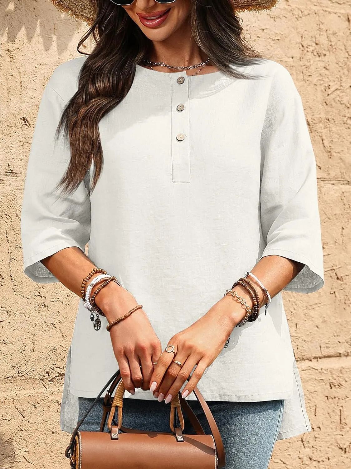 Women's Linen Henley Shirts 100% Linen Elbow Sleeve Crew Neck Slit Hem Tunics Blouse Top