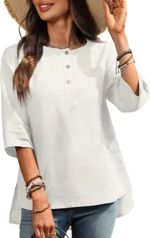 Women's Linen Henley Shirts 100% Linen Elbow Sleeve Crew Neck Slit Hem Tunics Blouse Top