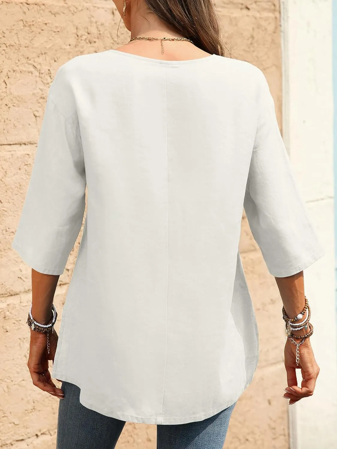 Women's Linen Henley Shirts 100% Linen Elbow Sleeve Crew Neck Slit Hem Tunics Blouse Top