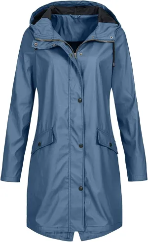 Womens Long Hooded Rain Jackets Outdoors Raincoat Windbreaker Waterproof Lightweight Outdoor Hooded Trench Coats Plus Size