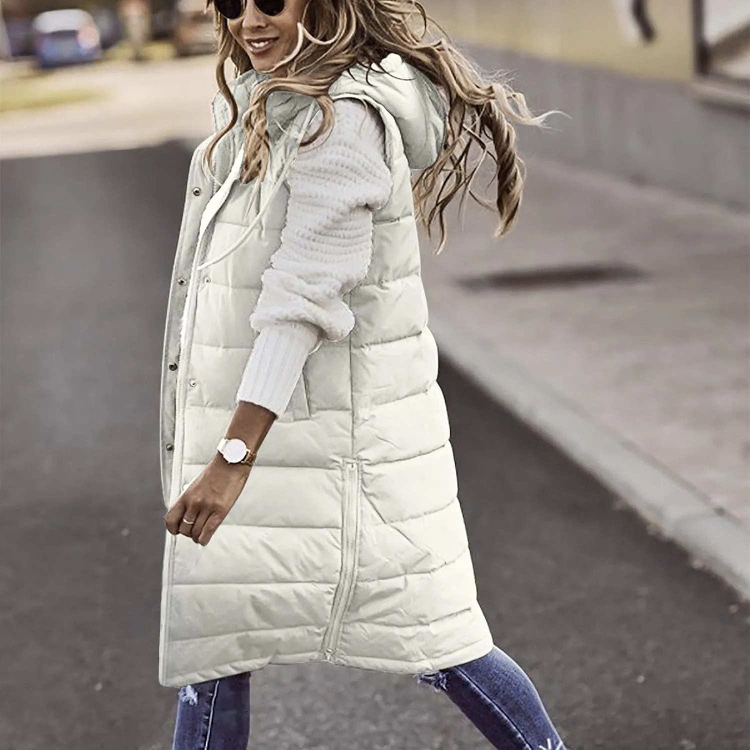 Women's Long Vest Sleeveless Lightweight Puffer Jacket Packable Hooded Down Coat Quilted Vest with Hood Winter Vests