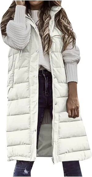 Women's Long Vest Sleeveless Lightweight Puffer Jacket Packable Hooded Down Coat Quilted Vest with Hood Winter Vests